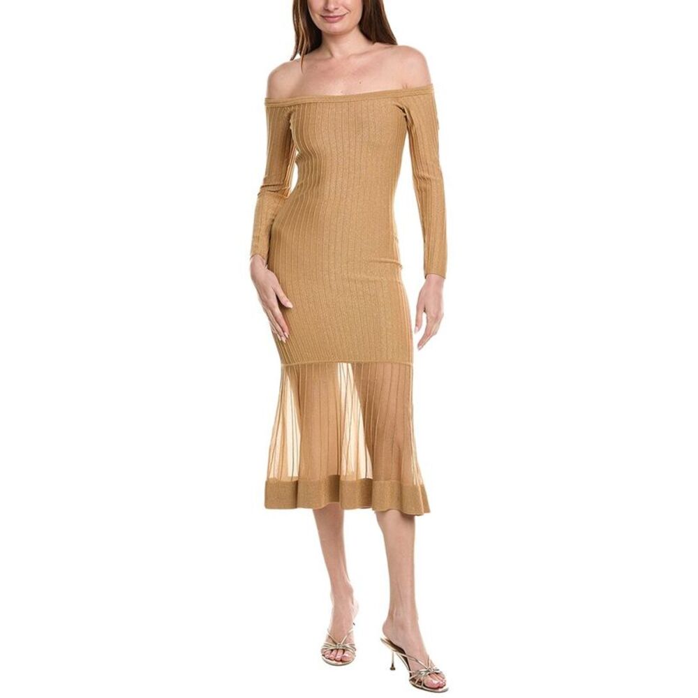 Rudy Off The Shoulder Sheer Knit Midi Dress in Gold|MILLY
